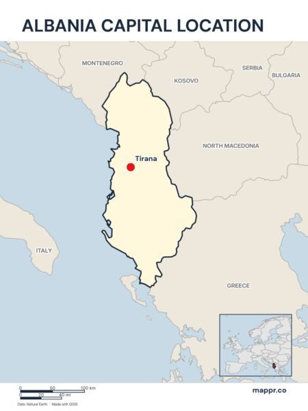 Detailed map pinpointing Tirana, the capital of Albania.