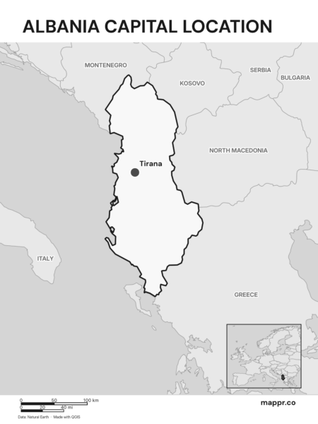 Detailed map pinpointing Tirana, the capital of Albania (black and white).