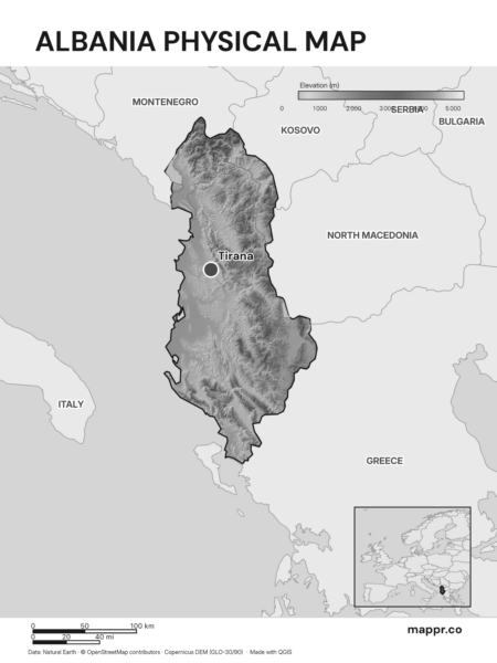Map featuring Tirana, the capital of Albania, with rich topographical detail (black and white).