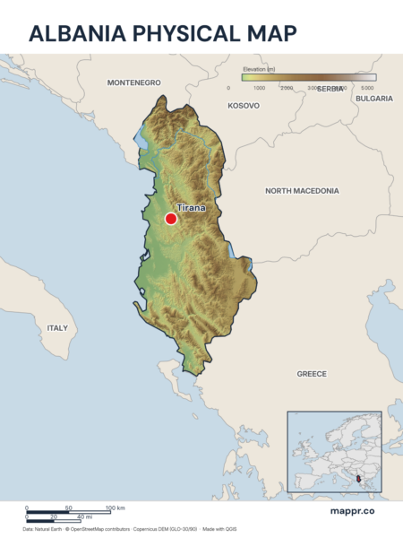 Map featuring Tirana, the capital of Albania, with rich topographical detail.