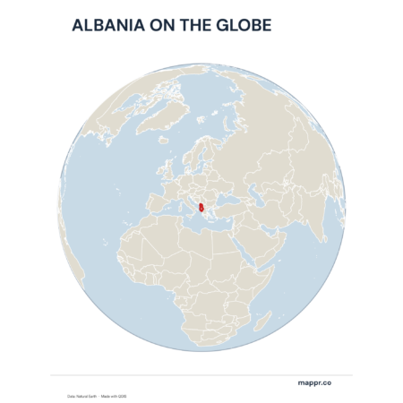 A map highlighting Albania's location on a globe, marked with a red outline.