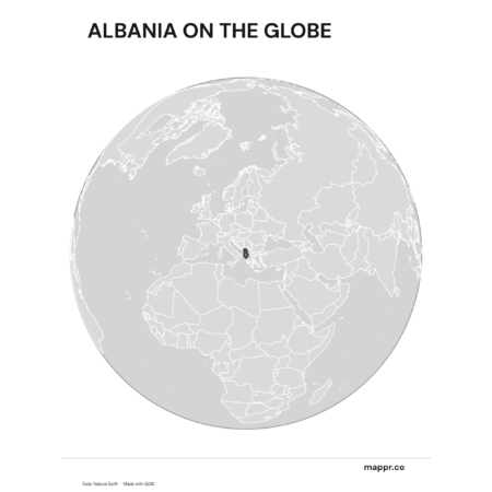 A map highlighting Albania's location on a globe, marked with a red outline (black and white).