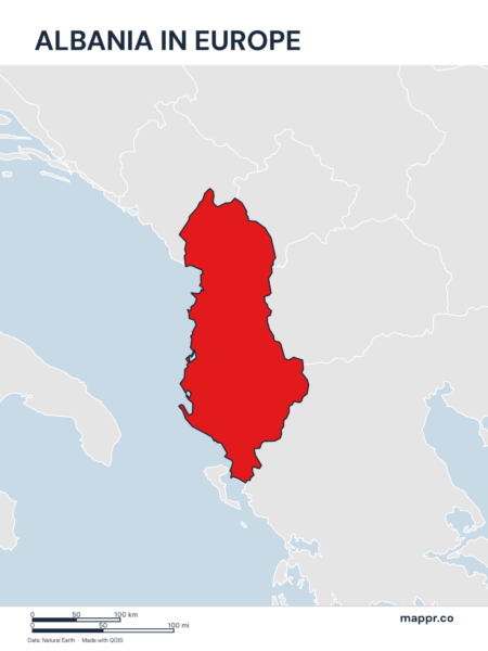 A map highlighting Albania's location on the european continent.