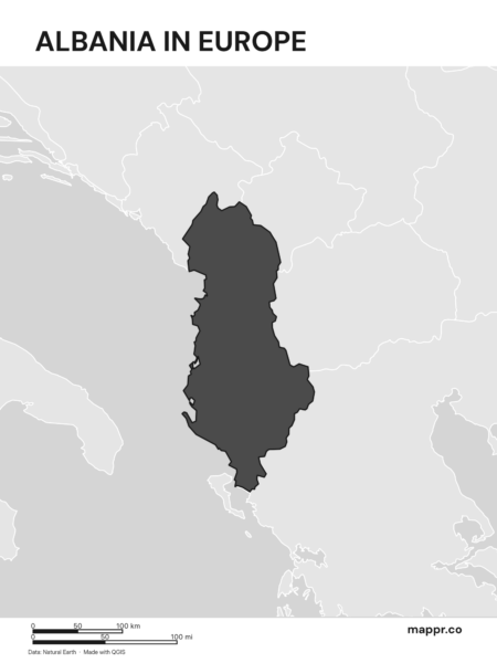 A map highlighting Albania's location on the european continent (black and white).