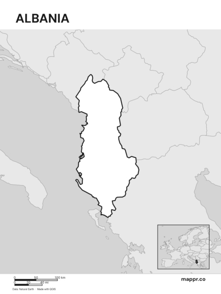 Outline map of Albania with detailed country borders (black and white).
