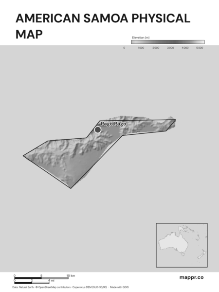 Map featuring Pago Pago, the capital of American Samoa, with rich topographical detail (black and white).