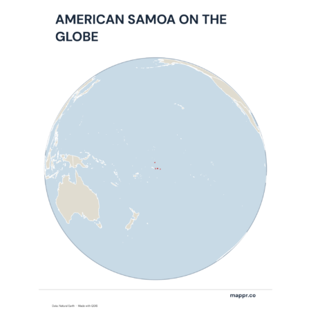 A map highlighting American Samoa's location on a globe, marked with a red outline.