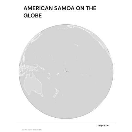 A map highlighting American Samoa's location on a globe, marked with a red outline (black and white).