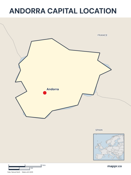 Detailed map pinpointing Andorra, the capital of Andorra.