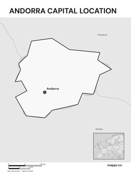 Detailed map pinpointing Andorra, the capital of Andorra (black and white).