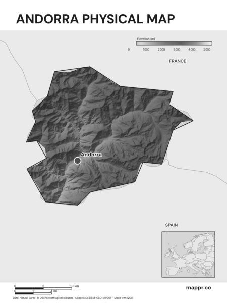 Map featuring Andorra, the capital of Andorra, with rich topographical detail (black and white).