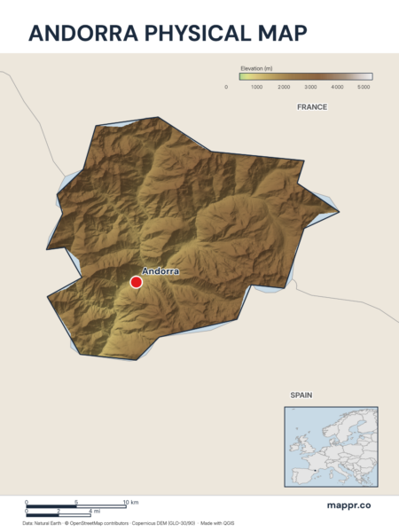 Map featuring Andorra, the capital of Andorra, with rich topographical detail.