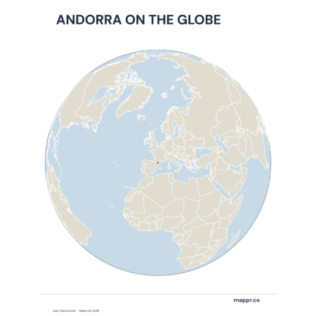 A map highlighting Andorra's location on a globe, marked with a red outline.