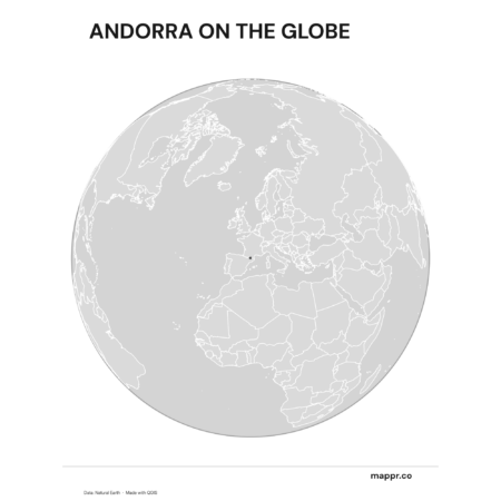 A map highlighting Andorra's location on a globe, marked with a red outline (black and white).