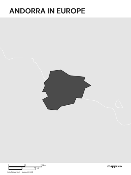 A map highlighting Andorra's location on the european continent (black and white).