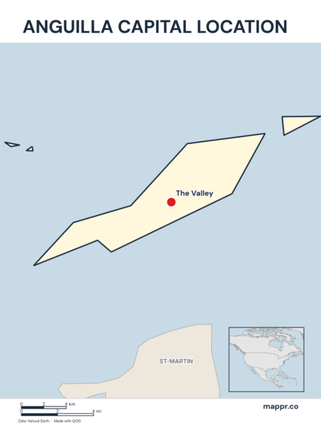 Detailed map pinpointing The Valley, the capital of Anguilla.