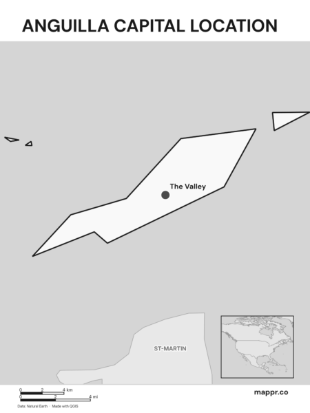 Detailed map pinpointing The Valley, the capital of Anguilla (black and white).