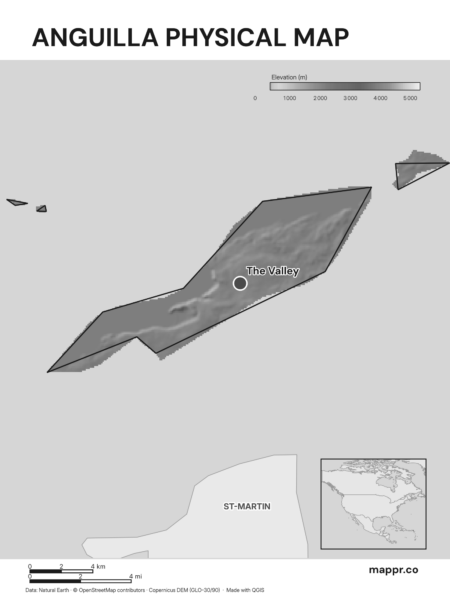 Map featuring The Valley, the capital of Anguilla, with rich topographical detail (black and white).