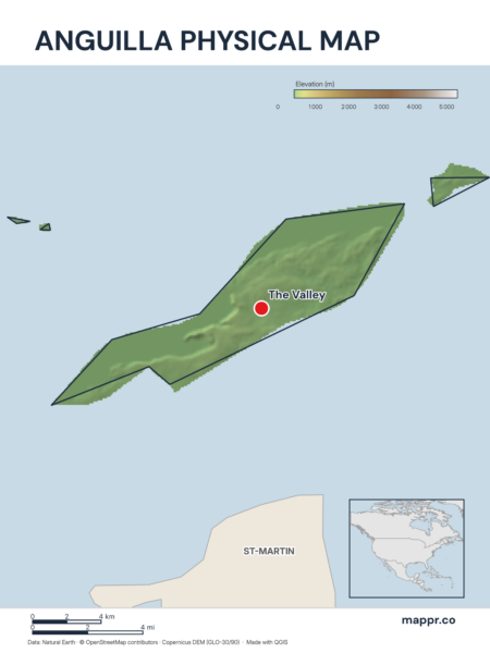 Map featuring The Valley, the capital of Anguilla, with rich topographical detail.