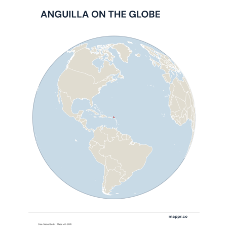A map highlighting Anguilla's location on a globe, marked with a red outline.