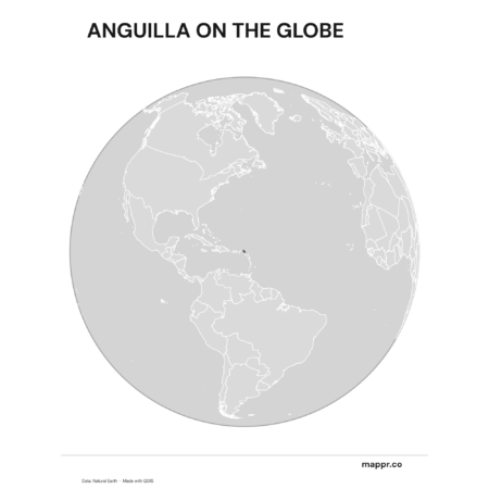 A map highlighting Anguilla's location on a globe, marked with a red outline (black and white).