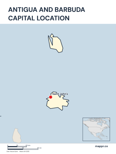 Detailed map pinpointing Saint John's, the capital of Antigua and Barbuda.