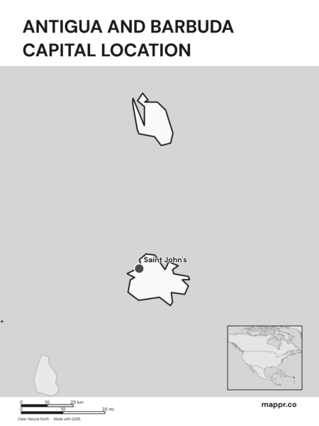 Detailed map pinpointing Saint John's, the capital of Antigua and Barbuda (black and white).