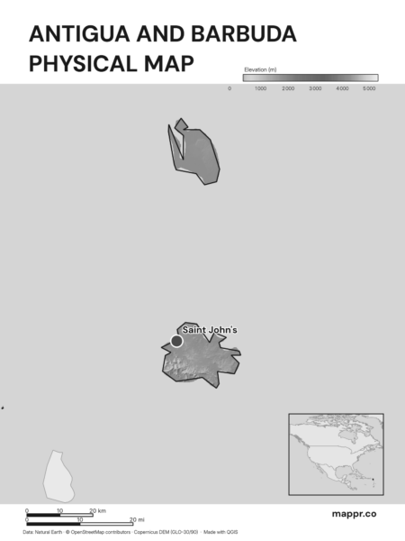 Map featuring Saint John's, the capital of Antigua and Barbuda, with rich topographical detail (black and white).