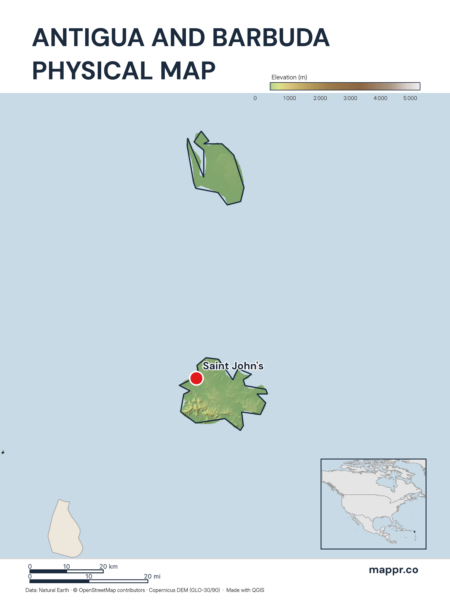 Map featuring Saint John's, the capital of Antigua and Barbuda, with rich topographical detail.