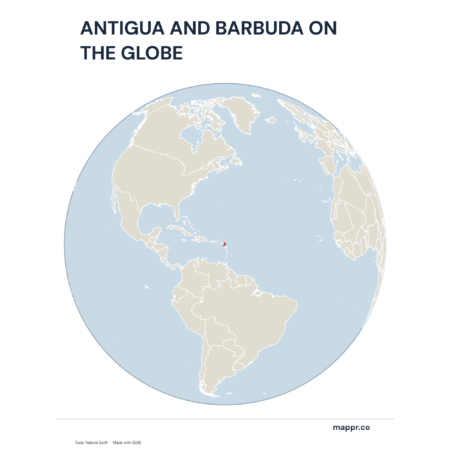 A map highlighting Antigua and Barbuda's location on a globe, marked with a red outline.