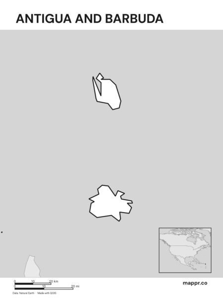 Outline map of Antigua and Barbuda with detailed country borders (black and white).