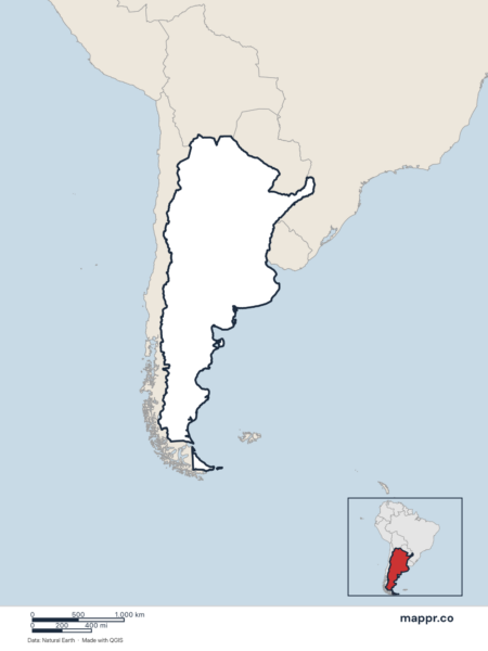 Blank political map of Argentina showing its international borders without labels.