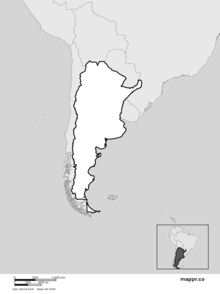 Blank political map of Argentina showing its international borders without labels (black and white).
