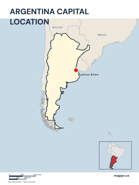Detailed map pinpointing Buenos Aires, the capital of Argentina.