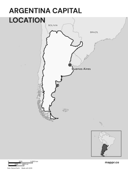 Detailed map pinpointing Buenos Aires, the capital of Argentina (black and white).