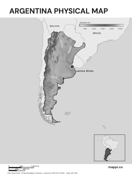 Map featuring Buenos Aires, the capital of Argentina, with rich topographical detail (black and white).
