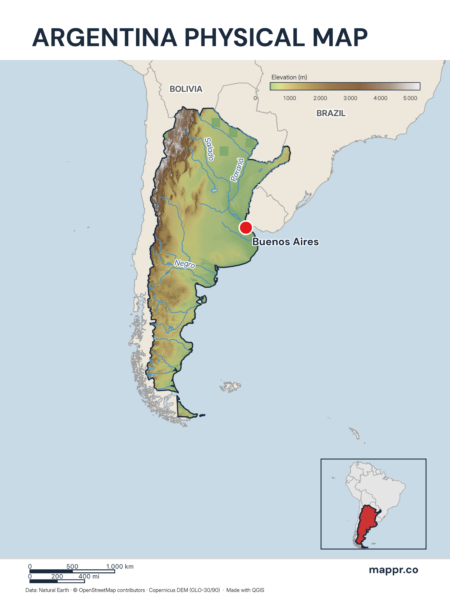 Map featuring Buenos Aires, the capital of Argentina, with rich topographical detail.