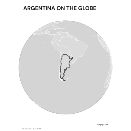 A map highlighting Argentina's location on a globe, marked with a red outline (black and white).