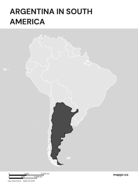 A map highlighting Argentina's location on the south american continent (black and white).