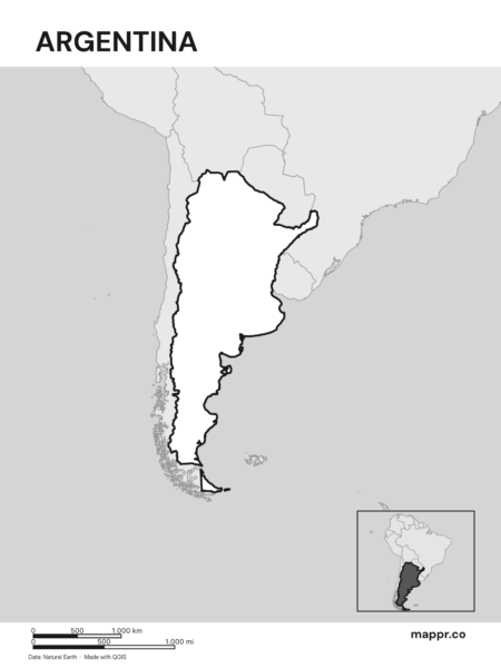 Outline map of Argentina with detailed country borders (black and white).