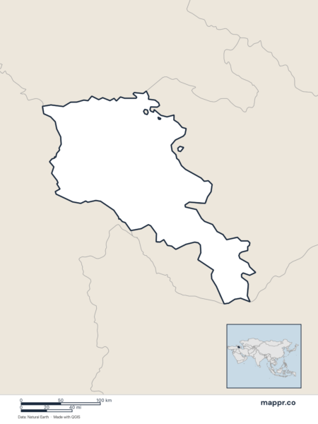 Blank political map of Armenia showing its international borders without labels.