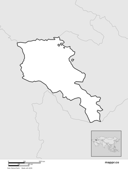Blank political map of Armenia showing its international borders without labels (black and white).