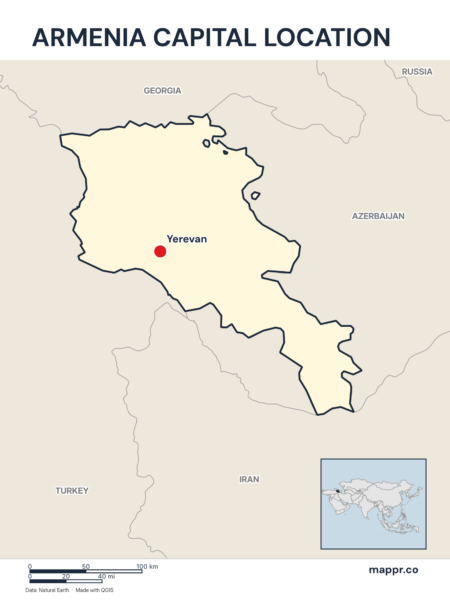 Detailed map pinpointing Yerevan, the capital of Armenia.