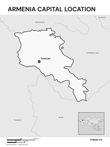 Detailed map pinpointing Yerevan, the capital of Armenia (black and white).