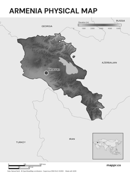 Map featuring Yerevan, the capital of Armenia, with rich topographical detail (black and white).