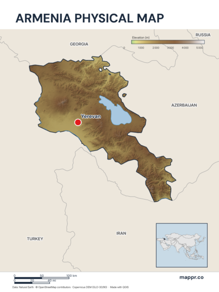 Map featuring Yerevan, the capital of Armenia, with rich topographical detail.