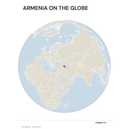 A map highlighting Armenia's location on a globe, marked with a red outline.