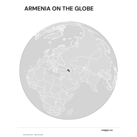 A map highlighting Armenia's location on a globe, marked with a red outline (black and white).