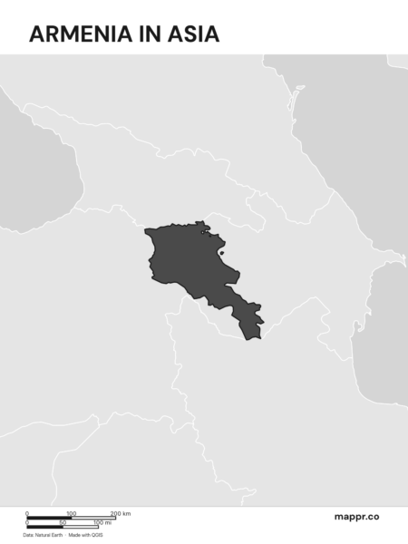 A map highlighting Armenia's location on the asian continent (black and white).