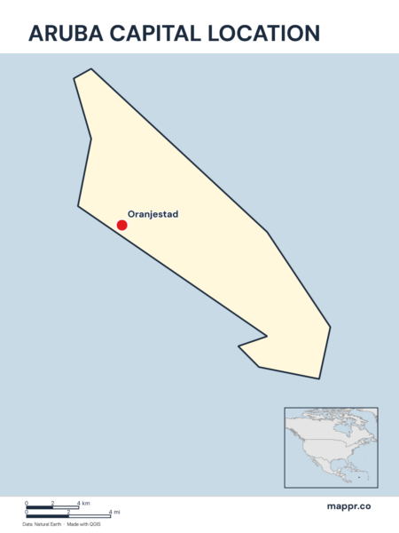 Detailed map pinpointing Oranjestad, the capital of Aruba.
